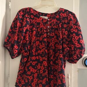 LOFT Black Top with Red Floral Design